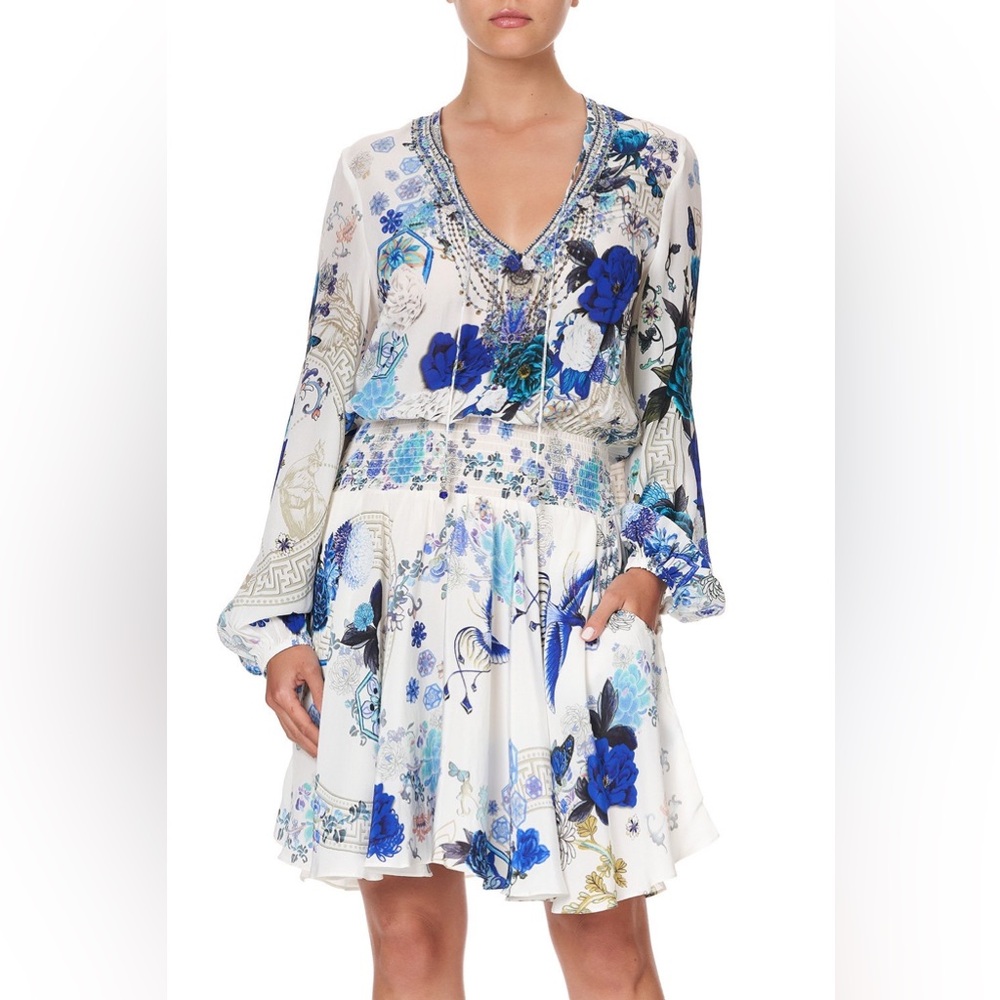 Camilla White Side of The Moon Shirred Relaxed Short Dress 100% Silk Size S